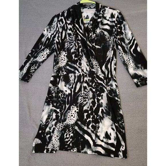 CHICO'S Dress Animal‎ Print Faux Wrap Jersey Knit Vneck Black White Sz 0 Small 4 - Picture 1 of 8